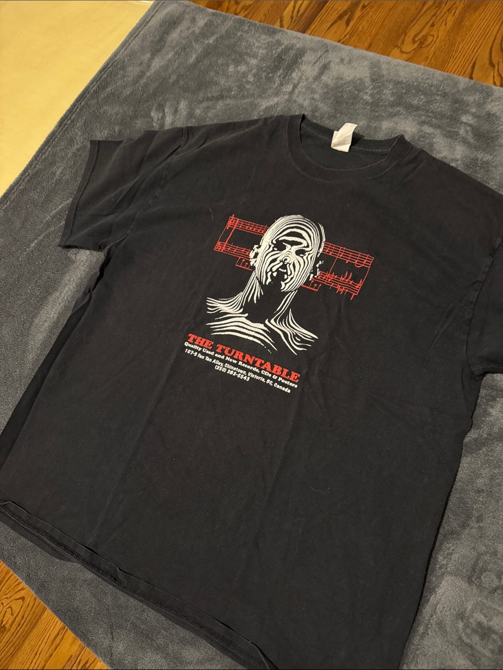 Vintage Record Store Black Graphic Crewneck T-Shirt with Red & White Print